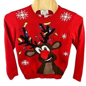 Daisy's Boutique Oh Deer 3D Pom Pom Reindeer Nose Ugly Christmas Sweater XL Red